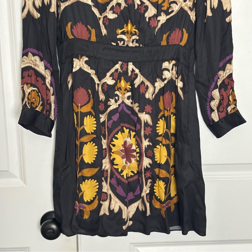 ba&sh Fedora Black Tan Purple Split V-neck Long Sleeve Lady Dress S - Picture 6 of 16